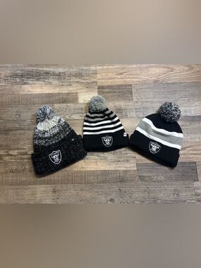 NFL Black & Gray Striped Pom Beanie Trio  Las Vegas Raiders